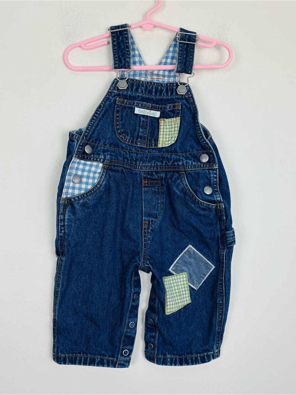 Vintage 90s/Y2K Baby Gap denim overalls with gingham patches. 6 to 12 months.